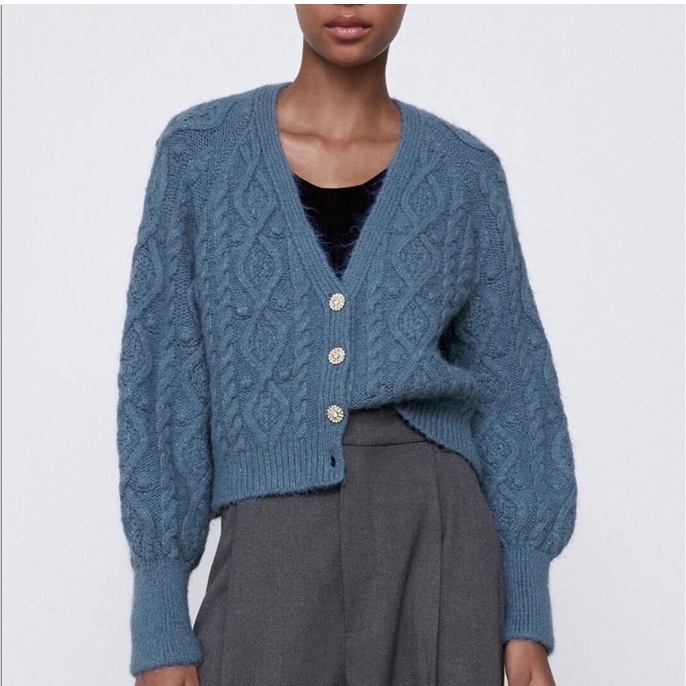 Zara baby blue Jewel Button Cable knit cardigan
